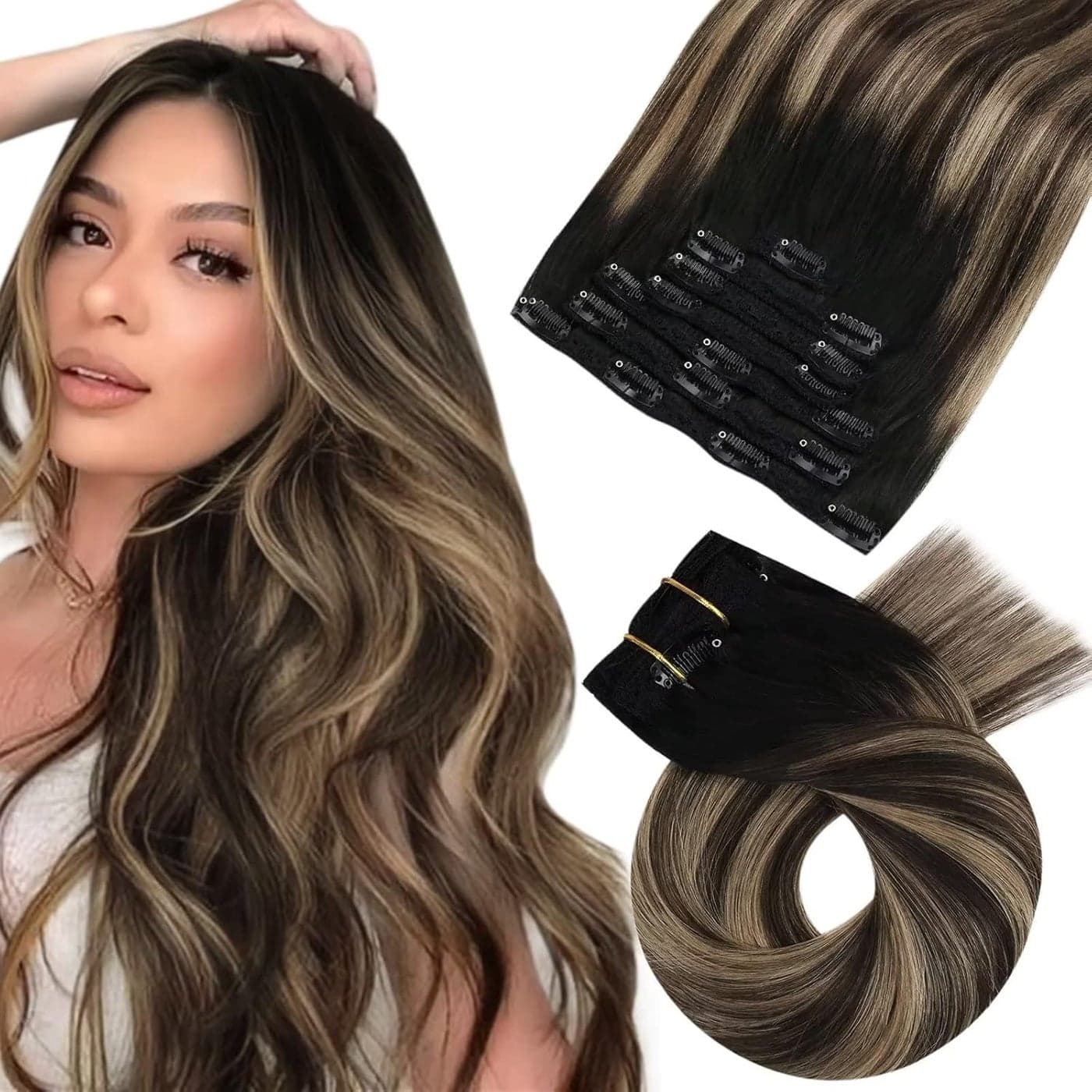 Moresoo Clip in Hair Extensions Balayage Double Weft Hair Extensions Clip in Human Hair Ombre Black to Brown with Caramel Blonde Clip in Human Hair Extensions Full Head 18inch 7Pcs 120G