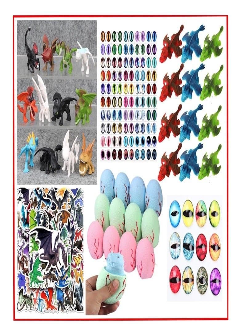 Party Favors for Kids Drawstring Gift Bags Statues Slingshots Eyes Stickers Birthday Party Goodie Bags Fillers Dragon Party Pack ( 110 pcs)