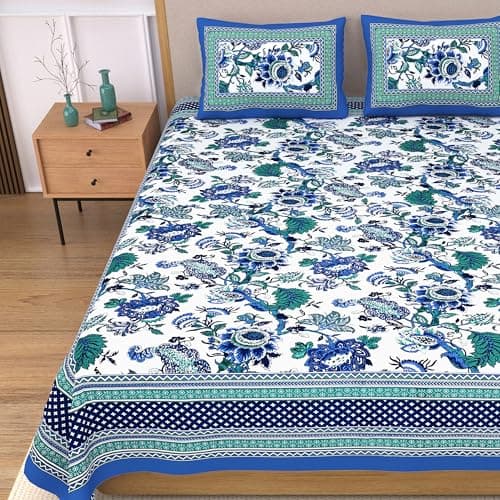 EasyGoods® 100% Pure Cotton Jaipuri Bedsheet with Pillow Covers | Soft & Breathable Fabric | Traditional Floral Print | Cotton Bedsheet (Blue, King)