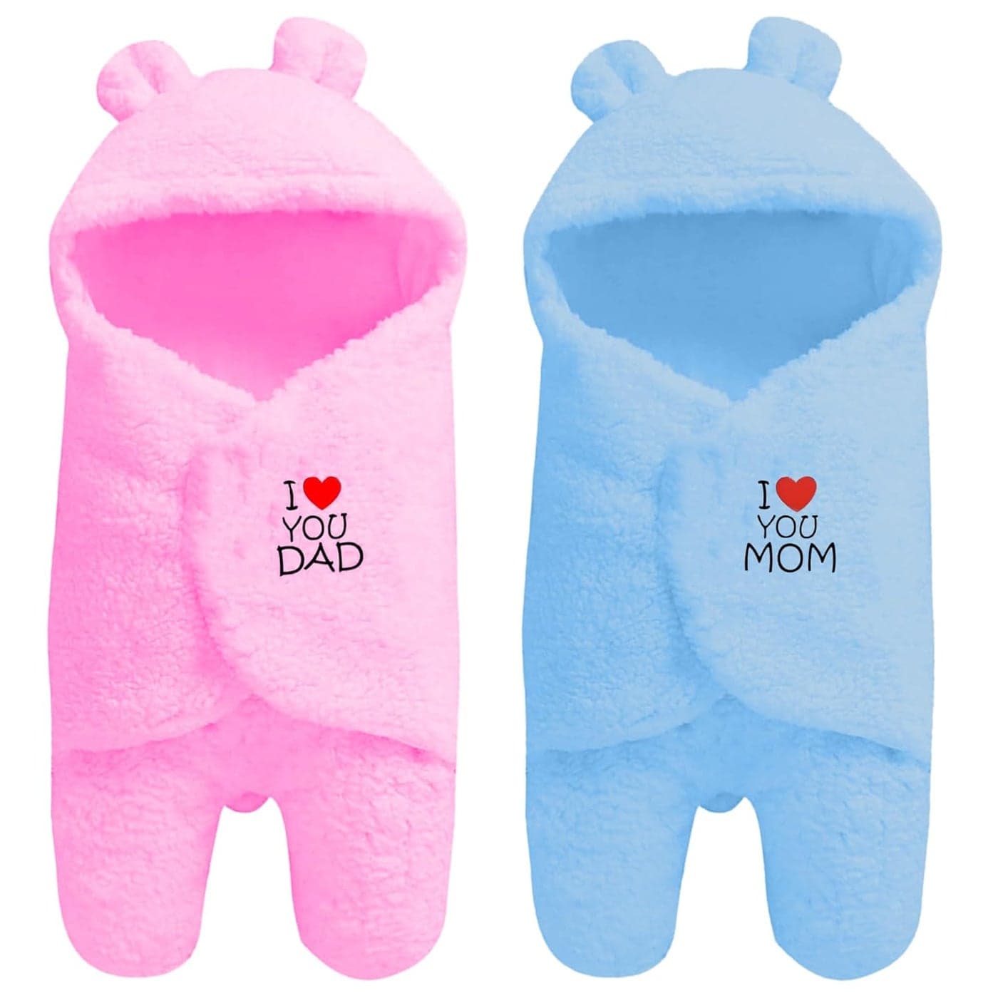 OYO BABY Newborn Combo Hooded Baby Blanket with Embroidery Wearable Wrapper Sleeping Bag 06 Months Pink Blue I Love DAD MOM