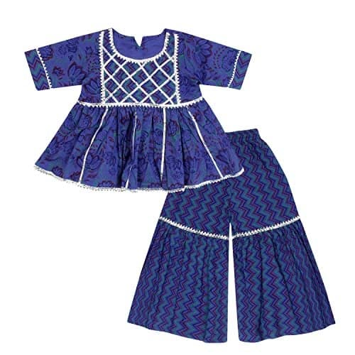 superminis Baby Girls Cotton Sanganeri Printed Frock Style Kurti with Printed Sharara Dress (4-5 Years, Blue)