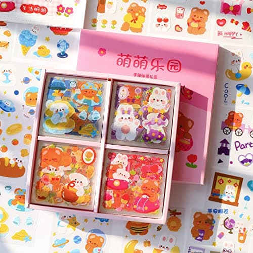 Cute Cartoon Bunny Bear Stickers, EAMOTOL 100 Sheets Kawaii Animals Transparent PET Scrapbooking Clipping Supplies Decals for Journaling Planners Collage Junk Journal Bullet Album Calendar Phone Case
