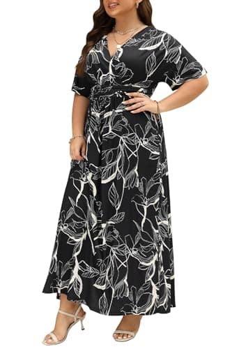 Keluummi Plus Size Wedding Guest Maxi Dresses for Curvy Women, Summer Formal Floral V Neck 3/4 Sleeve A Line Long Party Dress(22 Plus, 01 - Black Floral)
