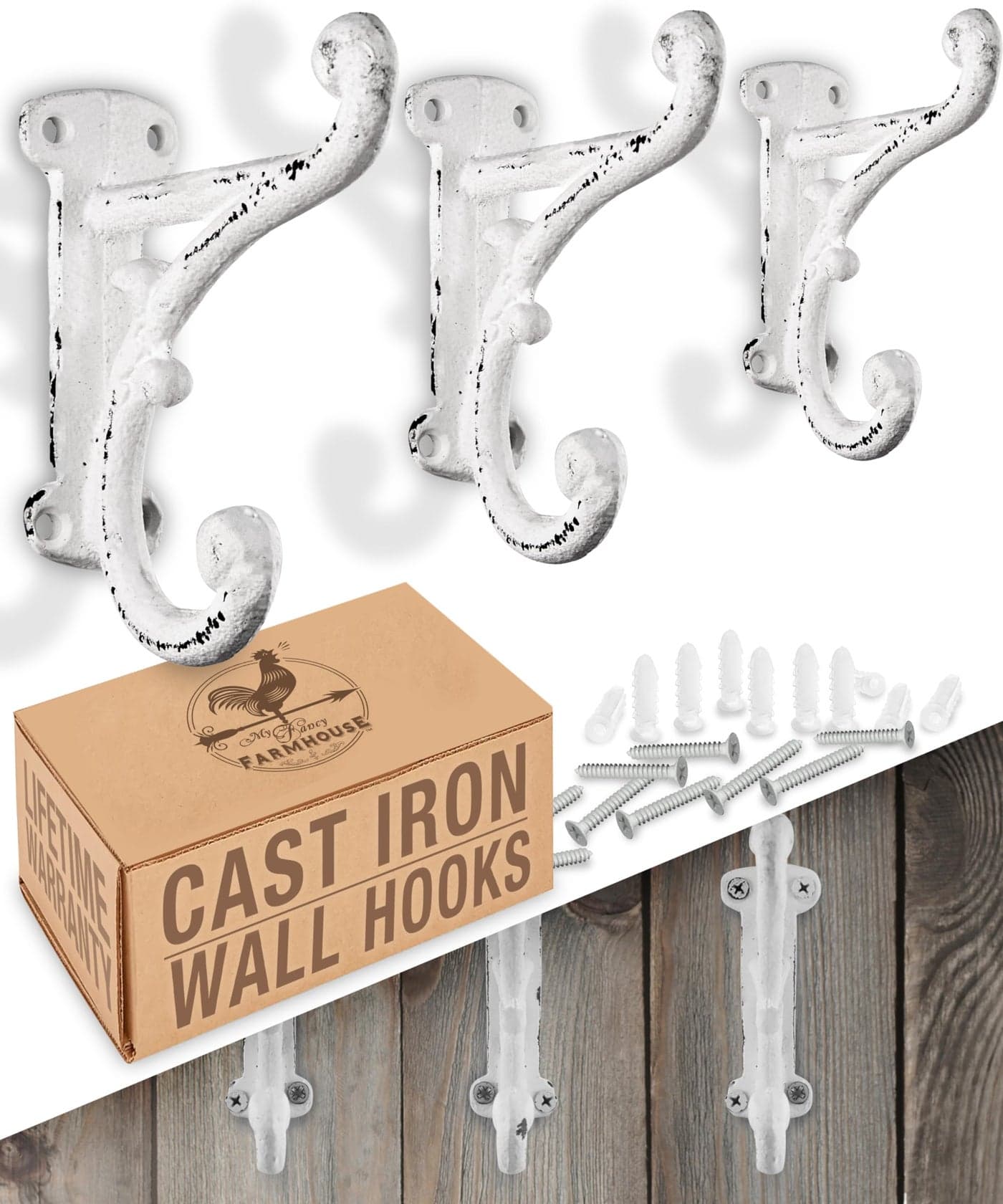 Rustic Cast Iron Coat Hooks 3 Pack Antique White Wall Mounted Farmhouse Decorative Heavy Duty Wall Hooks for Hanging Coats Hats Towels Mounting Hardware Included