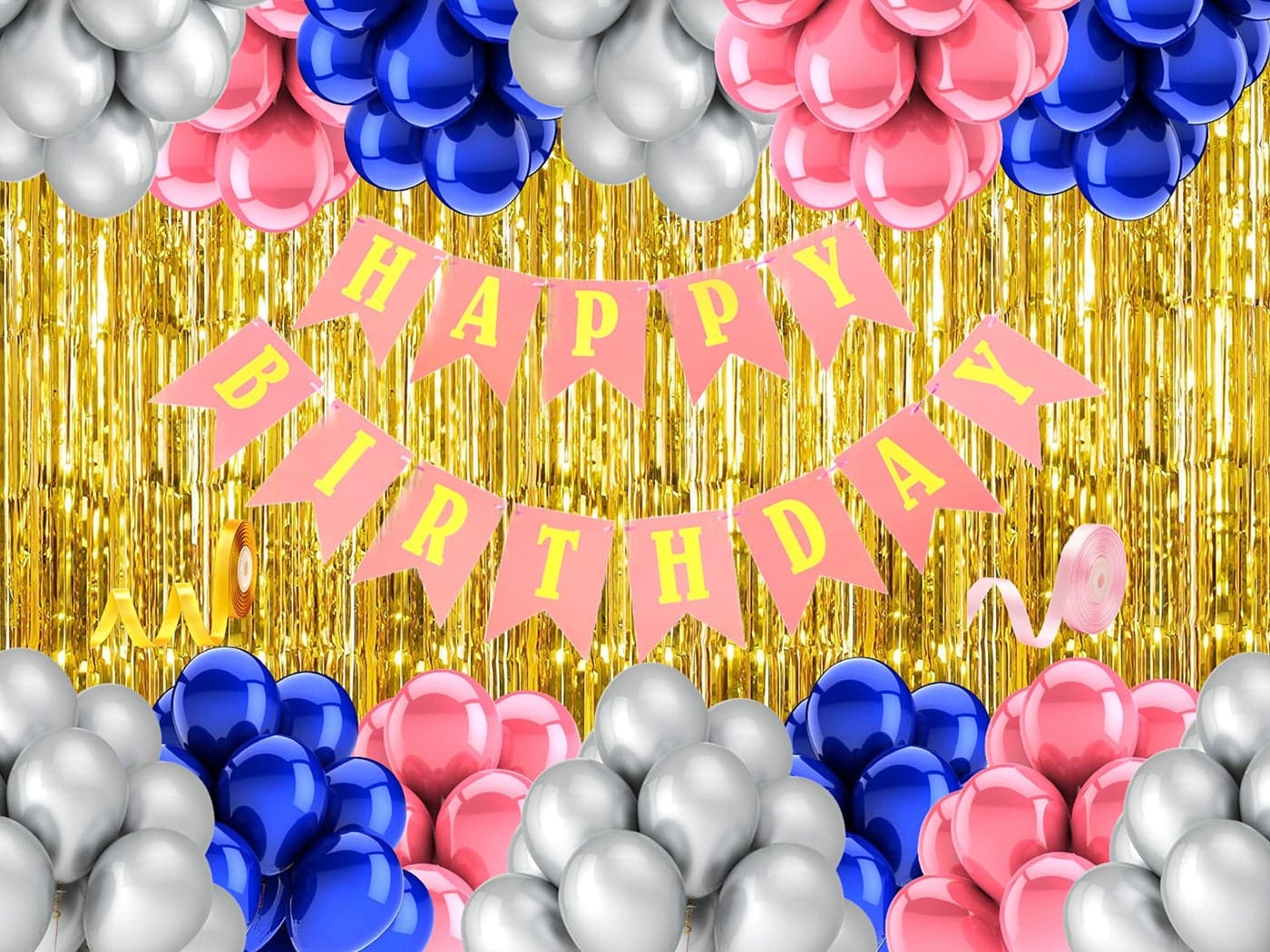 Flyloons Pink Silver Blue Birthday Decorations for Girls Set For Girls Women Mom Set of 52pcs happy birthday decoration items birthday decoration kit of Balloons,Foil Curtain Banner Curling Ribbon