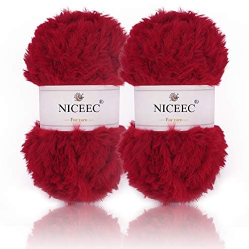 NICEEC 2 Skeins Faux Fur Yarn Super Soft, Chunky & Fluffy, Eyelash Yarn for Crochet & Knitting (Total Length 70yds,3.53oz) - Red