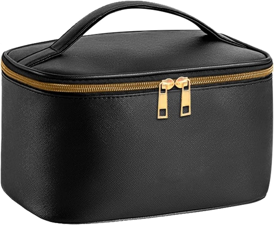 Travel Makeup Bag with Brush Compartment Large Cosmetic Bags with 12 Pockets Waterproof PU Leather Makeup Case with Handle WaterResistant for Women Black