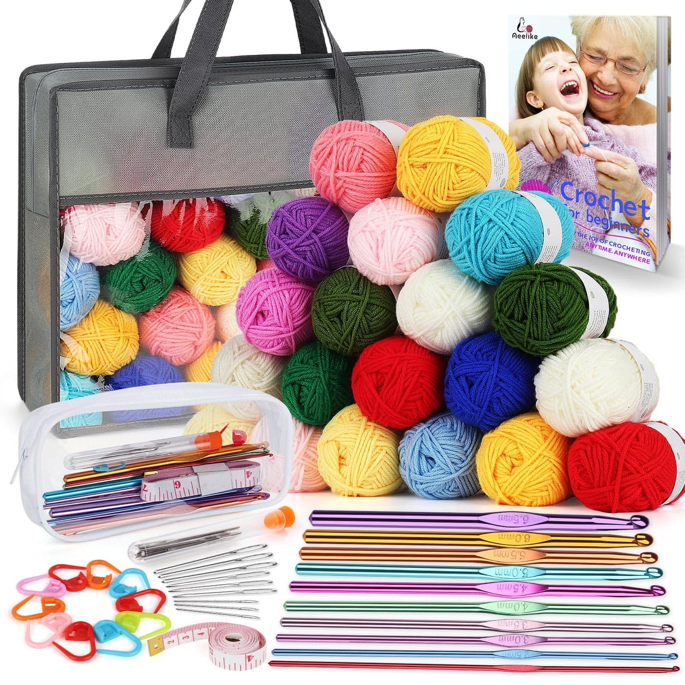 Aeelike Yarn Kit 1093 Yards Crochet Yarn for Crocheting Complete Knitting Kit for Beginners Professionals with Aluminum Crochet Hooks Detailed Instruction Ideal Crochet Yarn SetGift