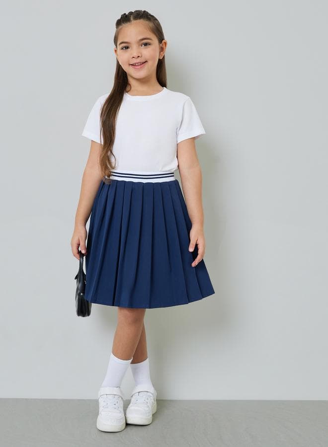Girls Knee Length Pleated Skirt with Striped Elastic Waistabnd