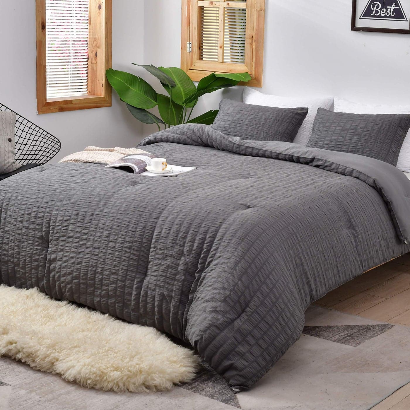 AveLom Seersucker Full Comforter Set 80x90 inches 3 Pieces 100 Soft Washed Microfiber Lightweight Comforter with 2 Pillowcases All Season Down Alternative Comforter Set for Bedding Gray