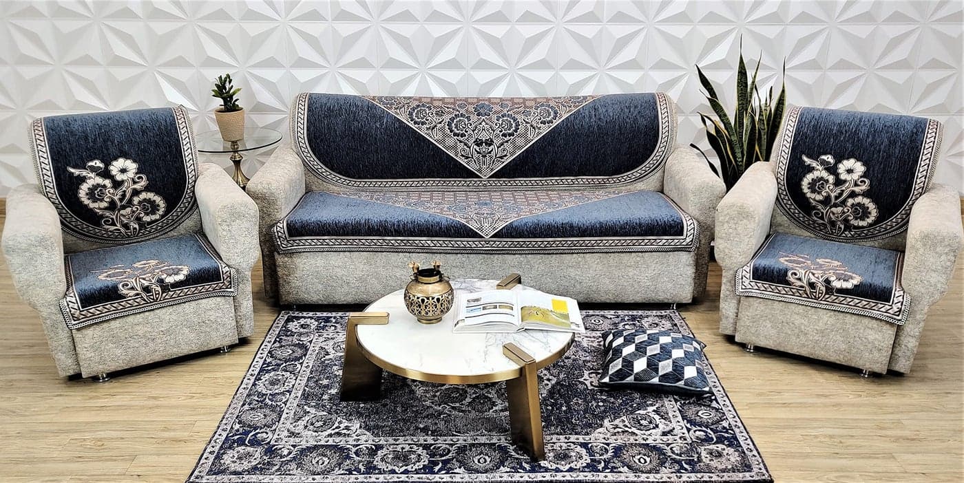 KREEVA Velvet Florida Floral 6 Piece 5 Seater Sofa slipcover and Chair Set- (3+1+1), Grey
