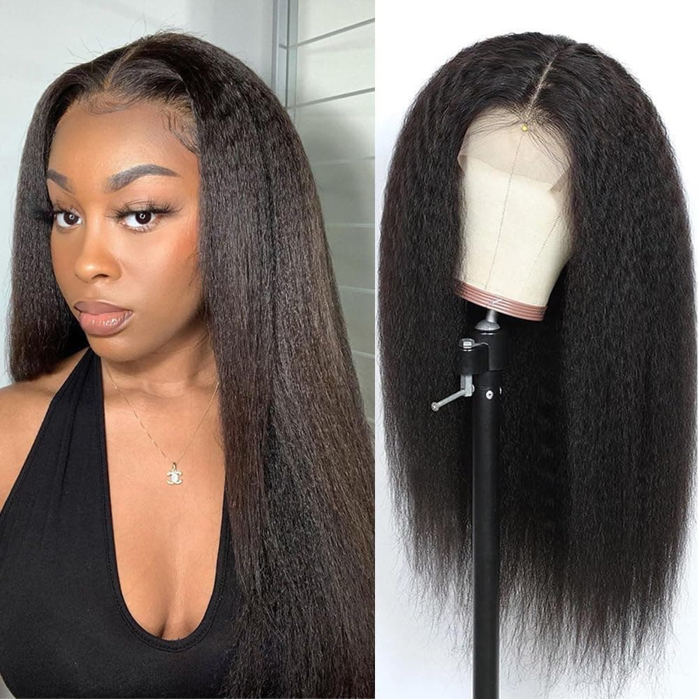veravicky Kinky Straight Wig 16 Inch 180 Density Yaki Straight Human Hair Wig With PrePlucked Hairline Adjustable StrapsNatural Black 13x4 Lace Front Wigs Human Hair For Black Women