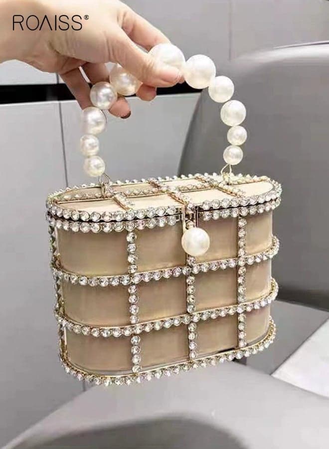 Ladies Evening Handbag Women Clutch Purse with Pearl Diamonds for Wedding Prom Birthday Party Dinner French Niche Rhinestone Cage Crossbody Bag Fashion Trend