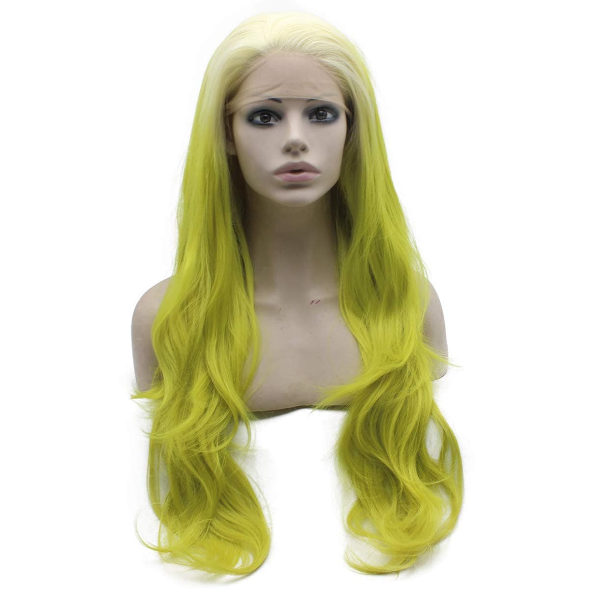 Mxangel Long Wavy Synthetic Lace Front Light Blond Yellow Green Ombre Wig Glueless Half Hand Tied Cosplay