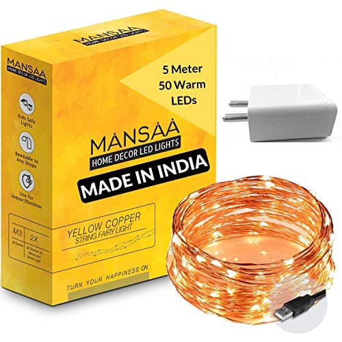 Mansaa Essentials -5M Copper String USB LED Light with Free USB Adapter for Home; Party; Wedding; Kids Room; Night Lights; Diwali; Christmas; Decoration (5M Lights; 50 LEDs; Warm White)