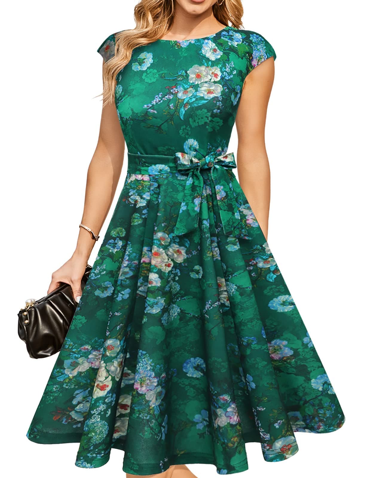 DRESSTELLS Cocktail Dress, Green Floral Wedding Guest Dresses for Women, Vintage Holiday Party Dress, Formal Modest Church Dress Green Flower XL