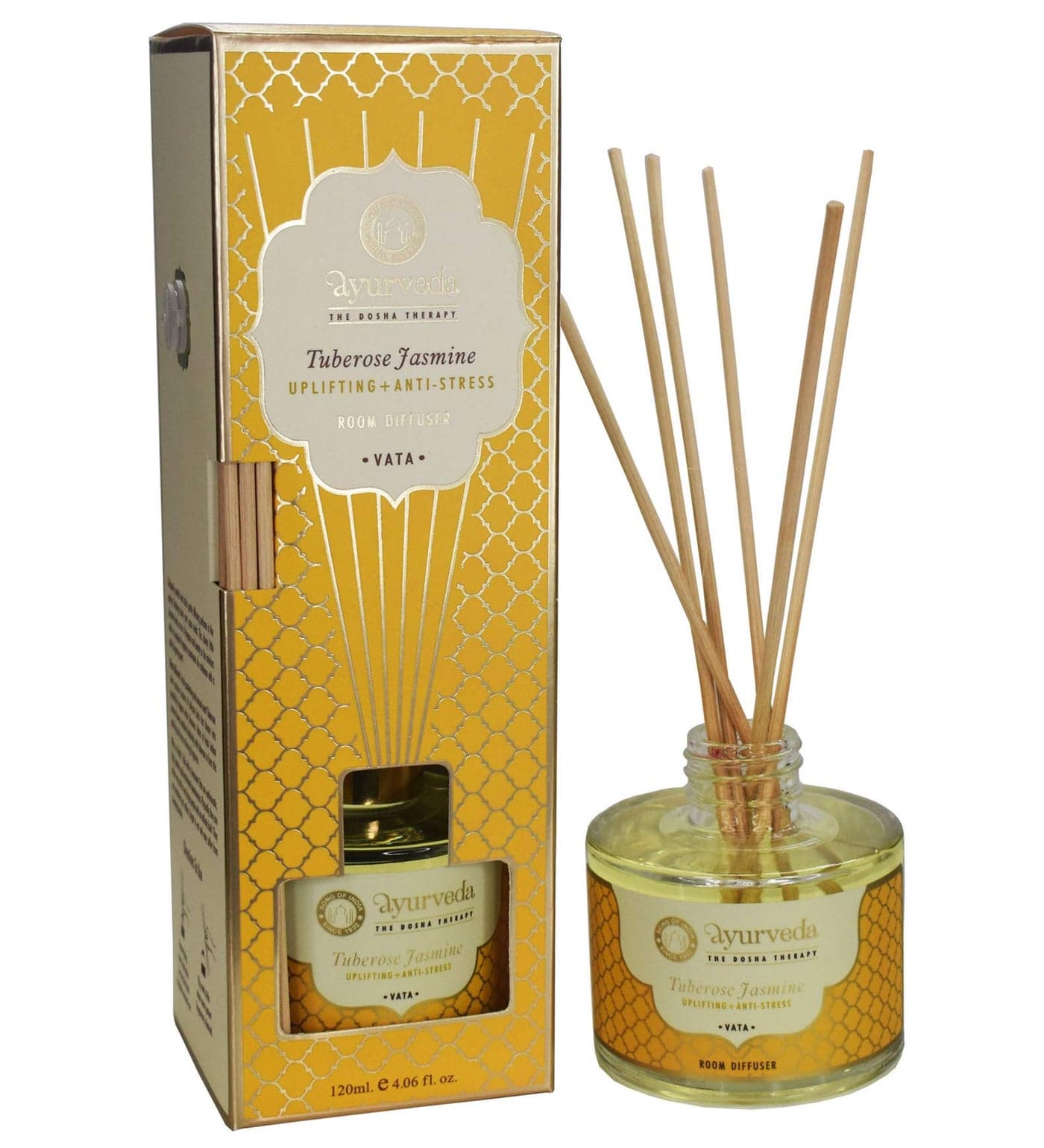 120 ml. Luxurious Ayurveda Reed Diffuser in Round Glass Bottle with Metal Collar (Tuberose Jasmine)