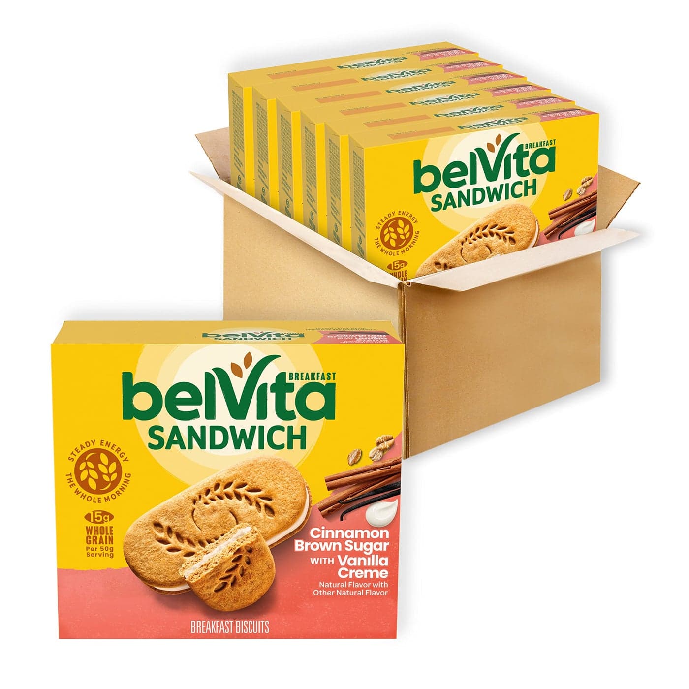 belVita Breakfast Sandwich Cinnamon Brown Sugar with Vanilla Creme Breakfast Biscuits, 30 Total Packs, 6 Boxes (2 Sandwiches Per Pack)