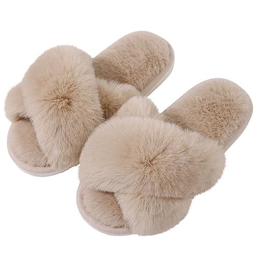 Evshine Women's Fuzzy Slippers Cross Band Memory Foam House Slippers Open Toe, Camel, 40-41 (Size 8.5-9.5)