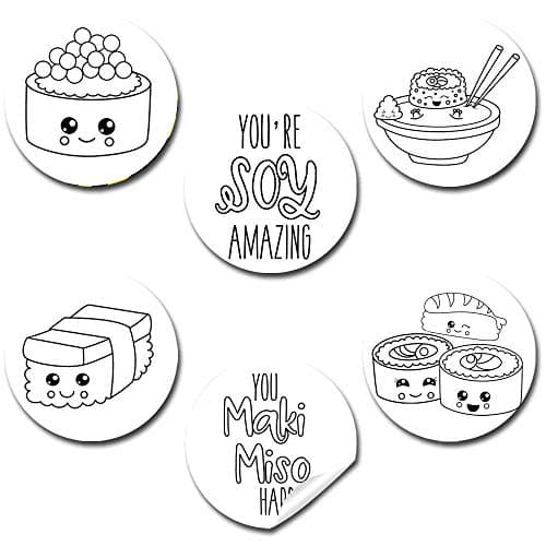 Color Your Own Cute Sushi Themed Birthday Party Favor Sticker Labels for Kids, 90 1.5" Party Circle Stickers by AmandaCreation, Great for Arts & Crafts, Envelope Seals, Goodie Bags & Treats