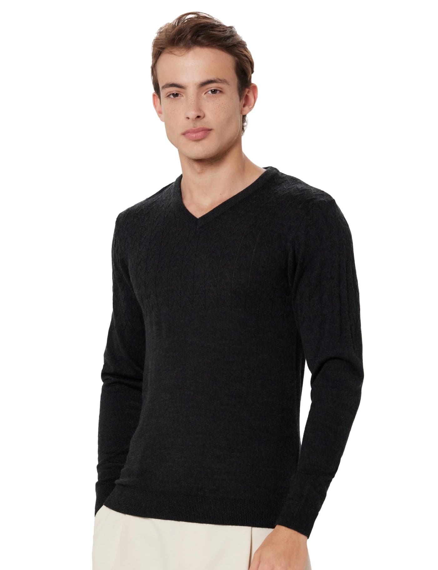 Peter England Men Black Textured V Neck Sweater