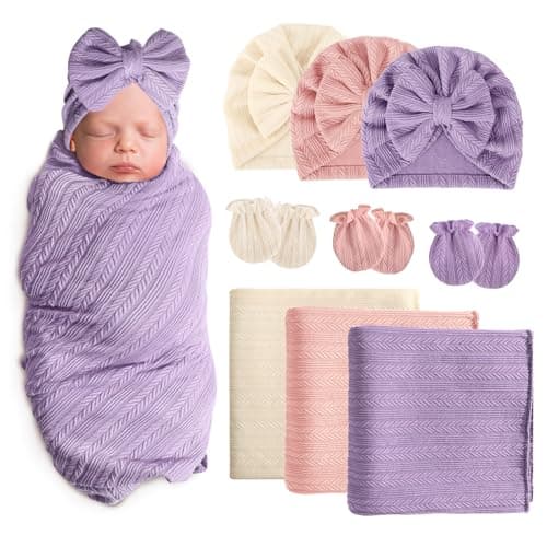AQOKKA Newborn Receiving Blanket with Bow Hat Mittens Set WheatPattern Newborns Toddler Baby Boy Girl Nursery Swaddle Wrap
