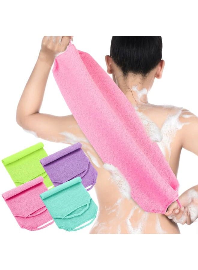 Exfoliating Back Scrubber with Handles 4 Pack Nylon Back Exfoliator Extended Length Washers Scrubbers Stretchable Pull Strap Exfoliating Washcloth(Pink,Blue,Fluorescent Green,Purple)