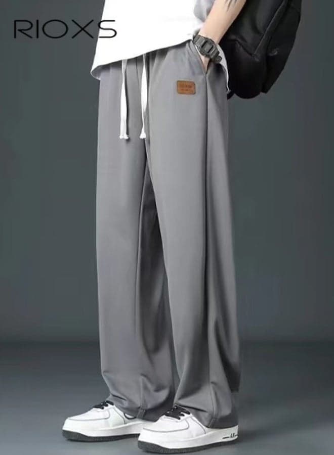 Men's Sweatpants, Loose Fit Ice Silk Sports Pants with Side Pockets, Comfortable Drawstring Elastic Waist Lounge Jogger, Casual Wrinkle-Resistant Straight Wide Leg Open Bottom Pants, Gym Ready Athletic Sweatpants, Quick-Dry Workout Pants for Leisure and Outdoor Activities, Grey