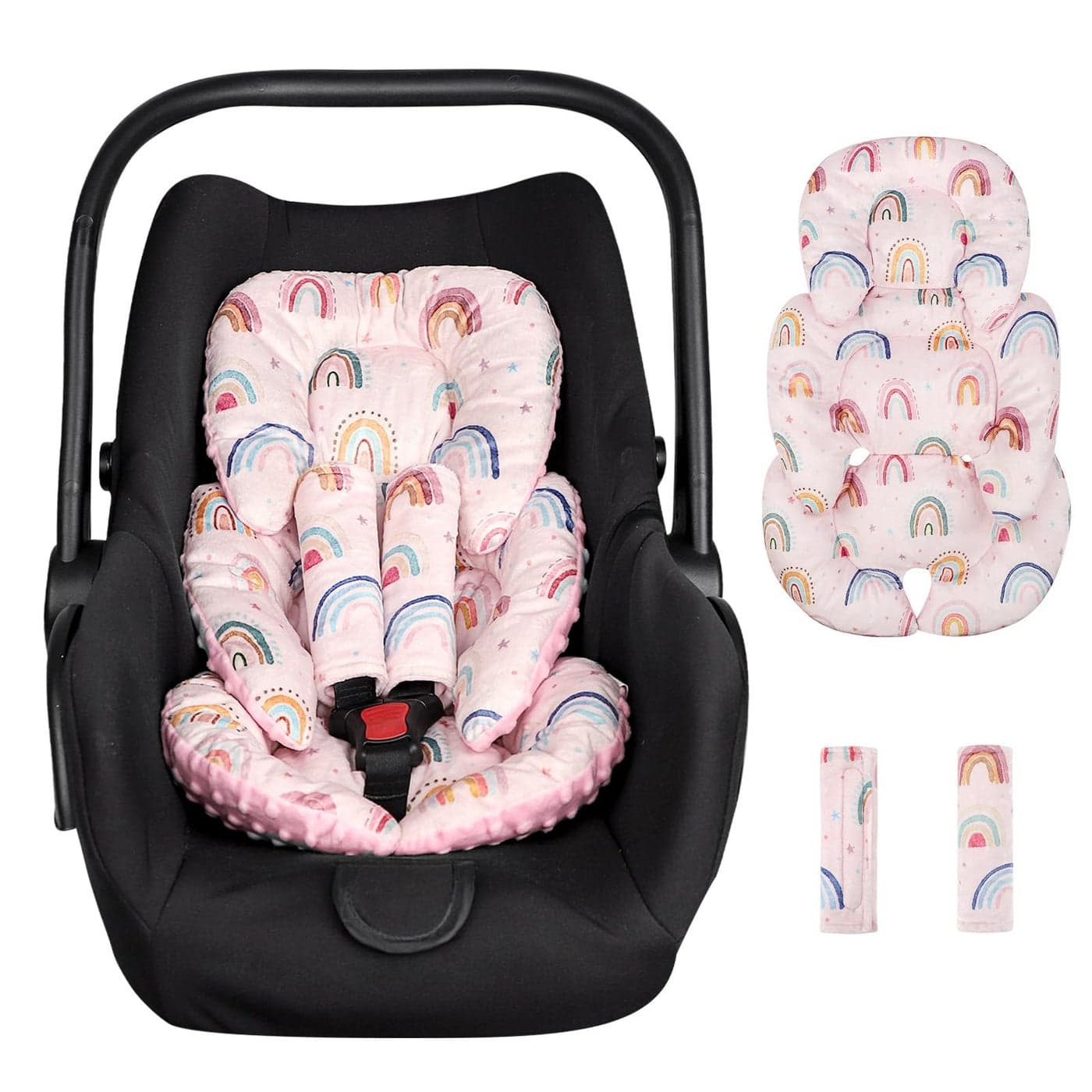 CARUILI Infant Car Seat Insert Cushion Super Soft Baby Car Seat Head Support 2 Straps Pads Reversible Preemie Newborn Carseat Insert Fit Car Seat Stroller Infant Bouncer Pink Rainbow