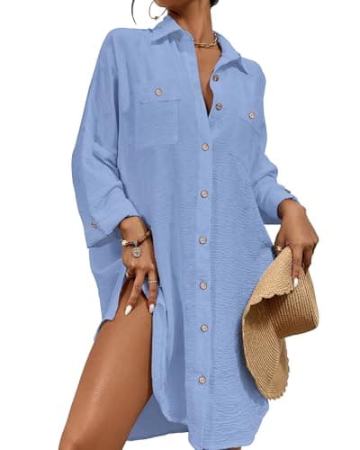 Bsubseach Womens Modern Swimsuit Cover Up Blouse Button Down Shirt Dresses Tops Sky Blue
