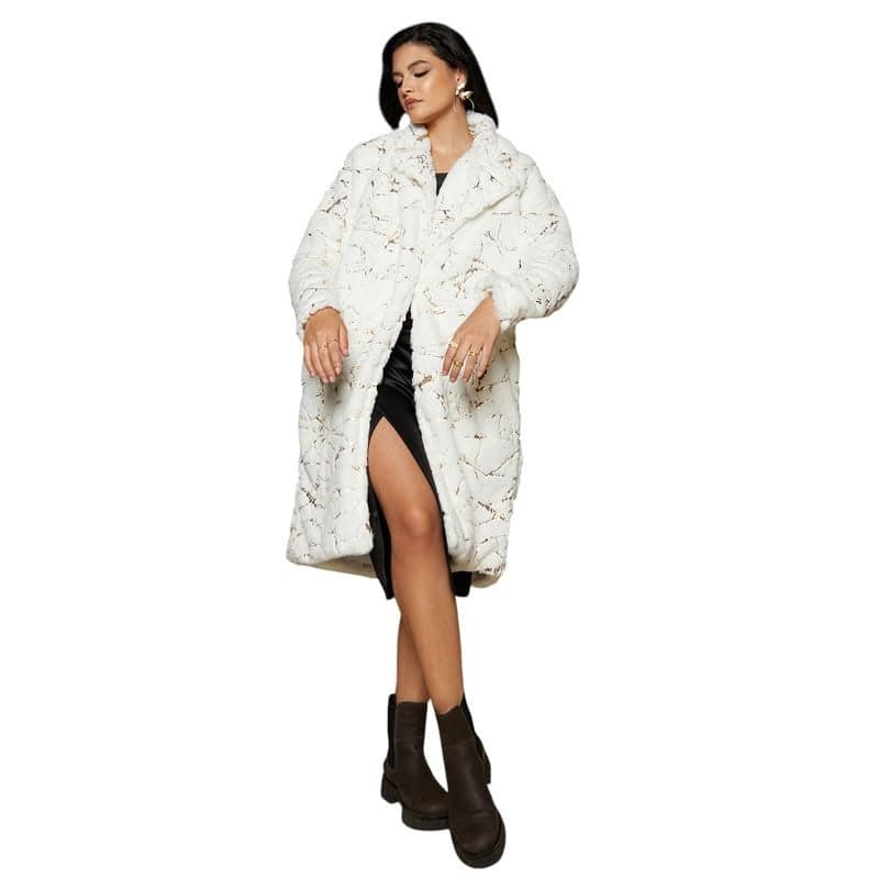 Campus Sutra Women's Chalk White Metallic-Veined Fur Long Coat For Casual Wear | Lapel Collar | Long Sleeve | Button Closure | Coat Crafted With Comfort Fit For Everyday Wear