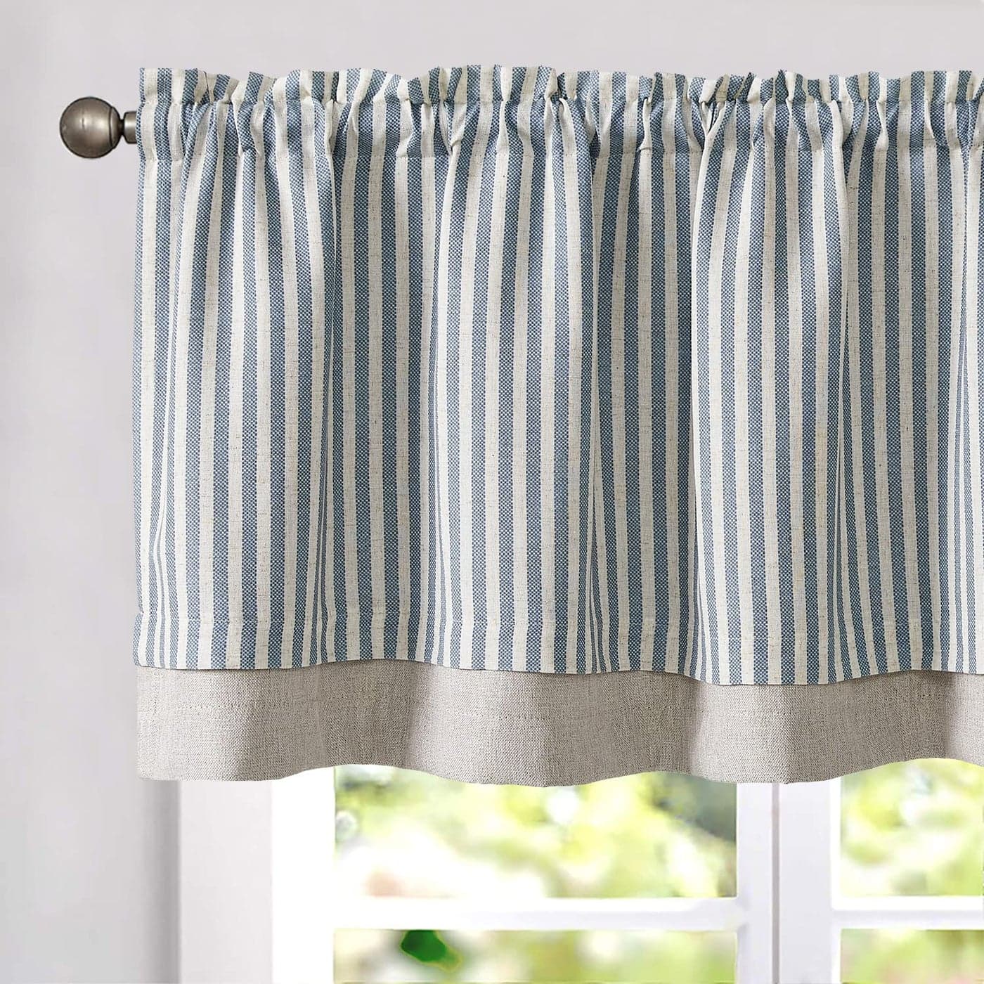 Vangao Kitchen Valance Linen Blend Stripe Short Curtains Farmhouse Rustic Pinstripe Tickingstripe Double Layer Blackout Rod Pocket Window Topper Treatments 18 Inch 1 Panel Blue on Beige