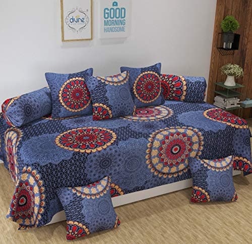 DIVINE OVERSEAS Diwan Set, Pack of 8 Pieces, 1 Single Bed Sheet 60 x 90 inches, 2 Bolster Covers 16 x 32 inches, 5 Cushion Covers 16 x 16 inches (Dark Grey Mandala)