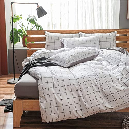 NSNLGSGC Queen White Duvet Cover Set Grid - Washed Microfiber Cute Plaid Bedding Set Soft & Lightweight Breathable Clean Comforter Cover (3PCS, Queen)