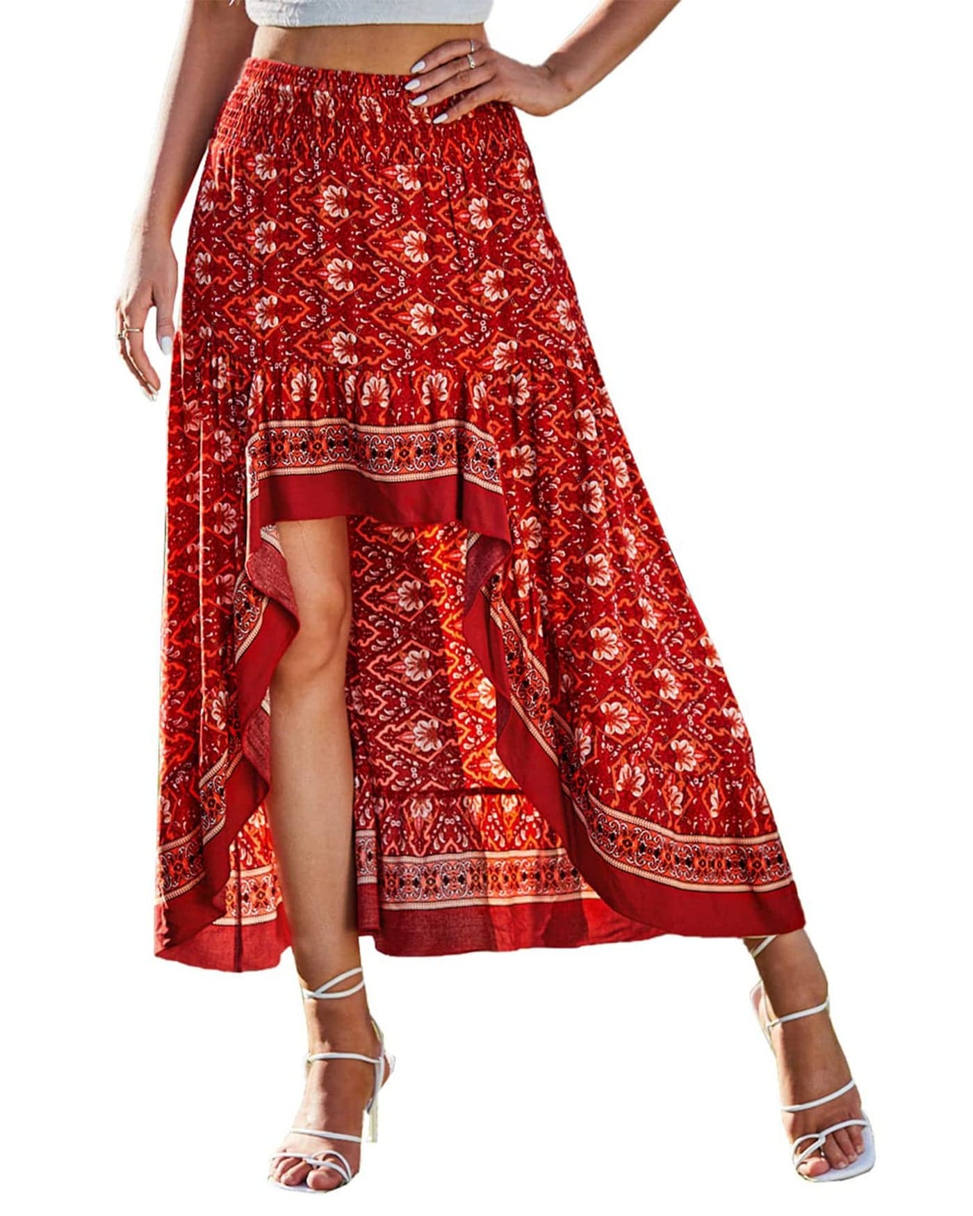 BTFBM Women 2025 Summer Spring Boho Long Skirts Dress Floral Print Elastic Waist Split Ruffle High Low Beach Maxi Skirt(X - Floral Red, Small)