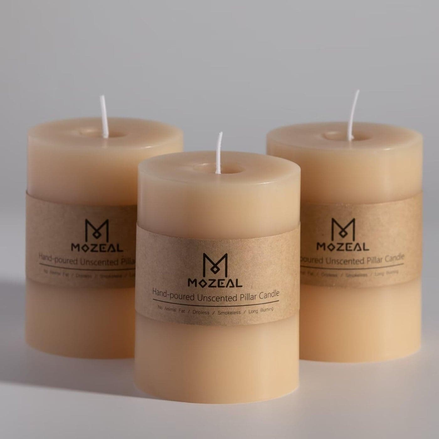 MOZEAL 3 x 4 HandPoured Unscented Beige Candle Dripless Off WhiteCream Pillar Candle Set of 3 Long Clean Burning Approx 72 Hours Burn Time Rustic Country Style Home Decor