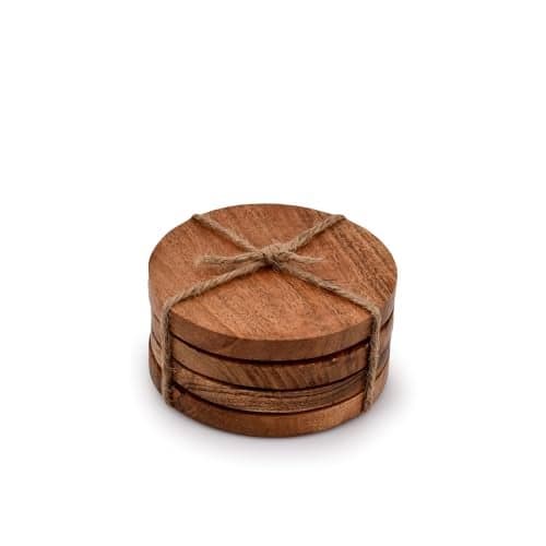 Samhita Acacia Wood Round Coasters Protection TabletopCountertop and Surfaces from Water Marks or Damage Home Office Decor Housewarming Gift Set of 4 4 x 4 X 05