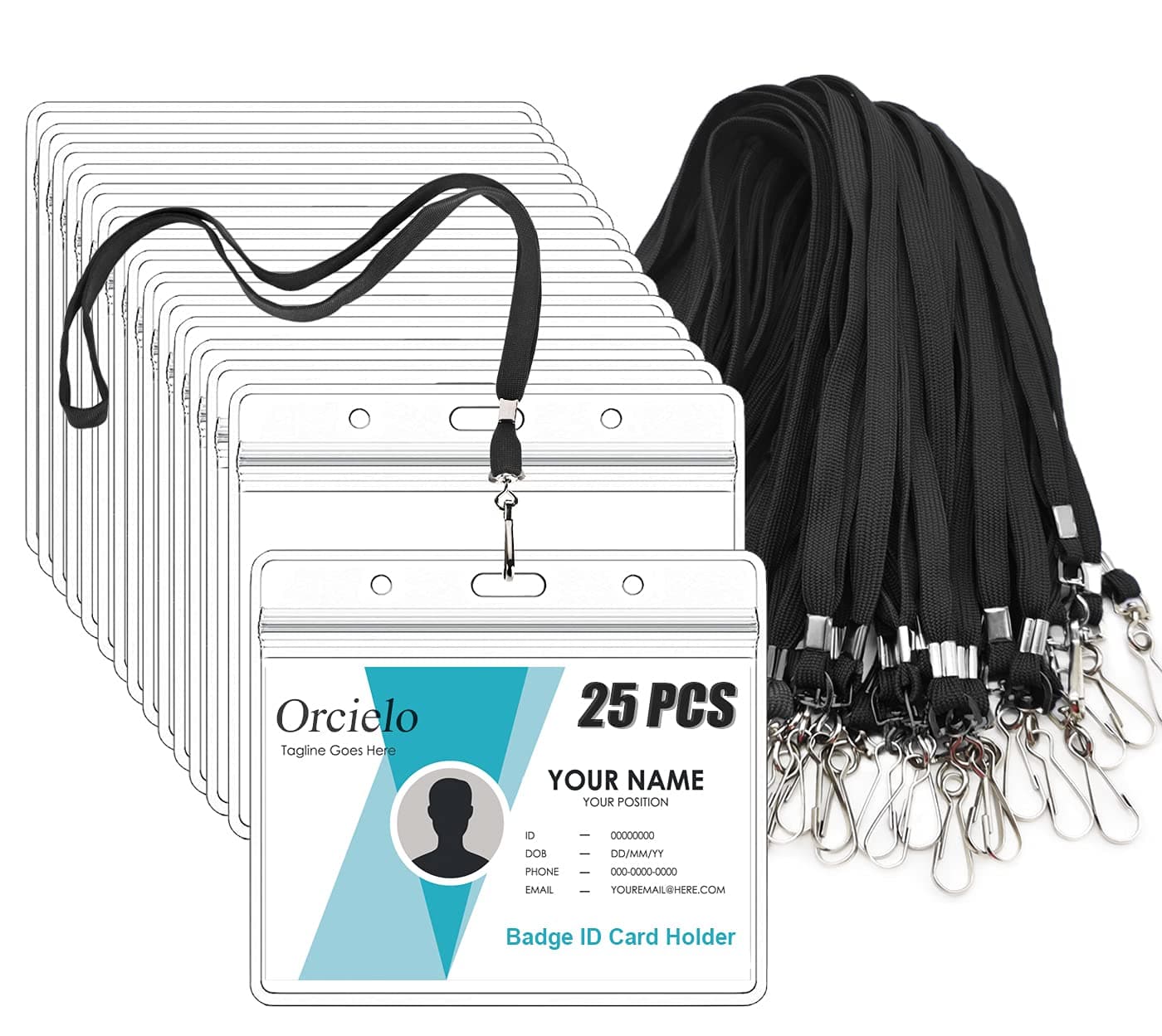 25Pcs Clear Plastic Horizontal Name Tags Badge ID Card Holders and 25Pcs Flat Neck Lanyards Black