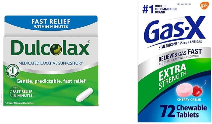 Dulcolax Fast Relief Medicated Laxative Suppositories Fast Relief GasX Extra Strength Chewable Gas Relief Tablets with Simethicone 125 mg for Bloating Relief Cherry 72 Count