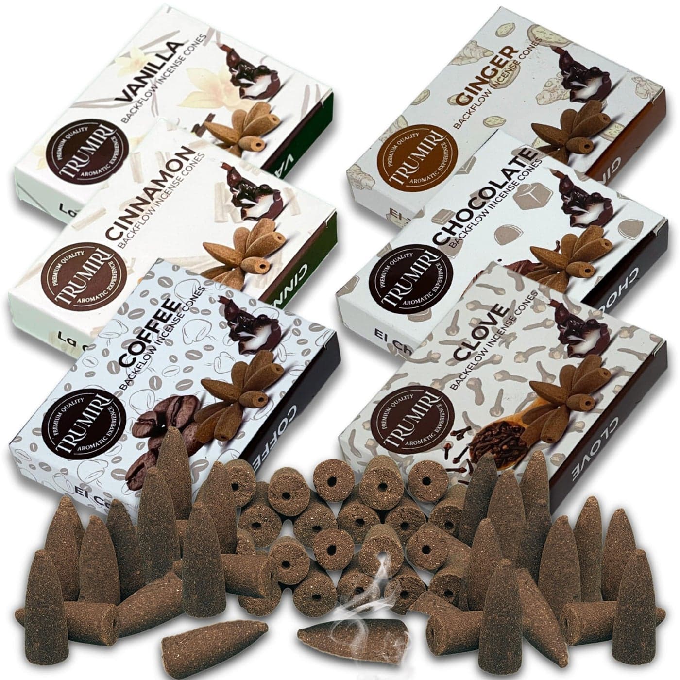 Gourmet Backflow Incense Cones for Waterfall Scented InscentsCones Cinnamon Vanilla Coffee Chocolate Clove Ginger Insiensos Aromaticos 6x1060 Large Variety Pack