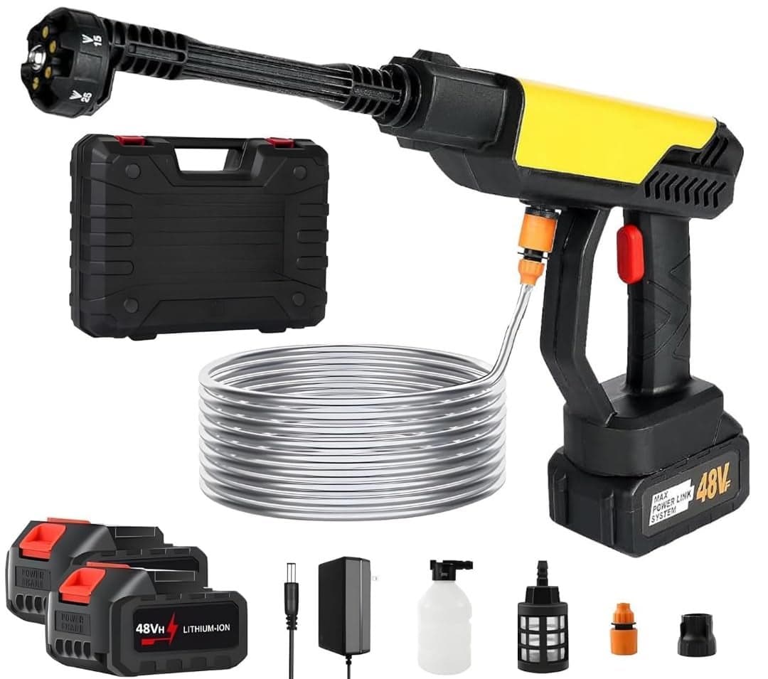 BOVTY Turbowash Cordless Portable 48V Wireless Pressure Washer Gun -12000mAh High Pressure Water Gun for Car and Bike Wash, Adjustable 6 in 1 Nozzle, 5M Hose Pipe, Double Battery Included (Yellow)