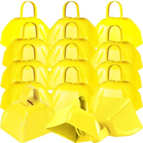 15 Pack 3 Inch Metal Cowbell Noisemaker Cheering Bell Yellow Cowbells for Sporting Events Bulk Loud Cow Bell with Handles Small Hand Percussion Cowbells for Cheering Football Games Weddings