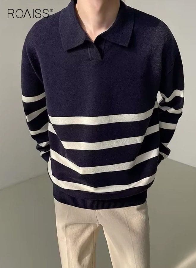 Men's Color Blocking Striped Autumn and Winter Long Sleeve Top with Fashionable Color Block Design, Soft Stretch Fabric Comfortable Fit Perfect for Casual Daily Style