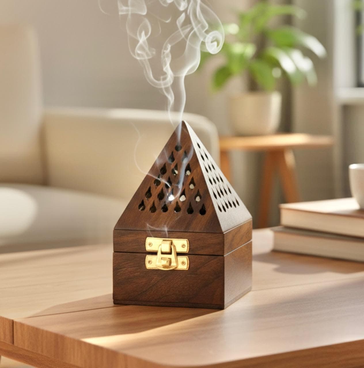 WOOD ART STORE Wooden Pyramid Shape Incense Box Hoder Stand | Wooden Agarbatti Stand with ash Catcher for Home Office | Incense Sticks Holder (Medium)