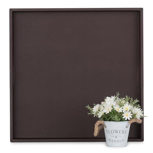Hanobe Large Ottoman Serving Tray: Faux Leather Coffee Table Trays with Handles 22 Inch Square Extra Big Oversized Aesthetic Modern Brown Ottoman Topper for Living Room Parties Home