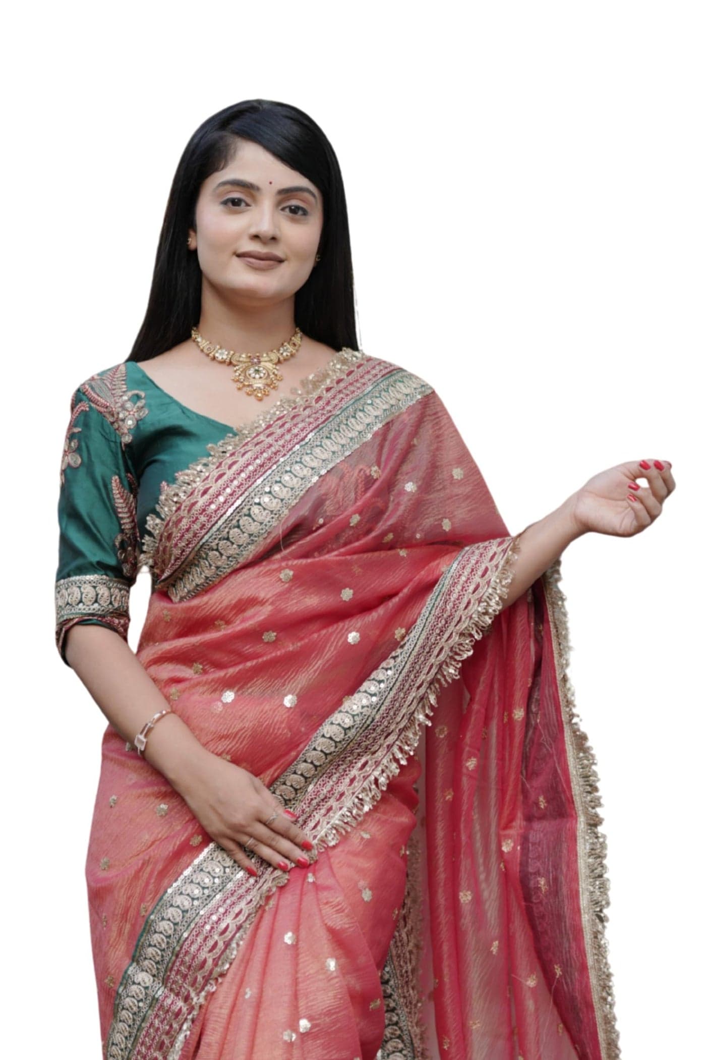 MUNIR Designer Silk Blend Saree with Sequinse & Thread Embroidery Work in Red Color