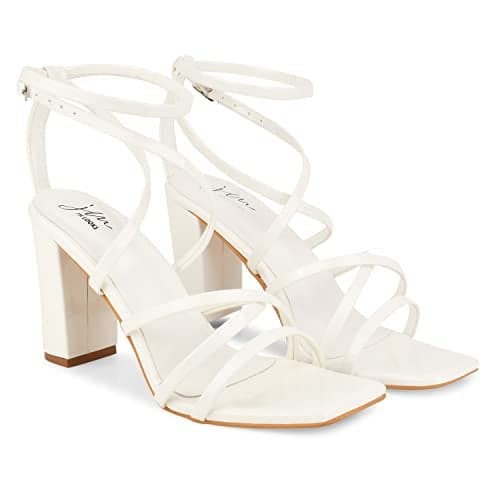 JM LOOKS: Fashionable Strappy Block Heel Sandals with Ankle Strap Buckle for Women & Girls White