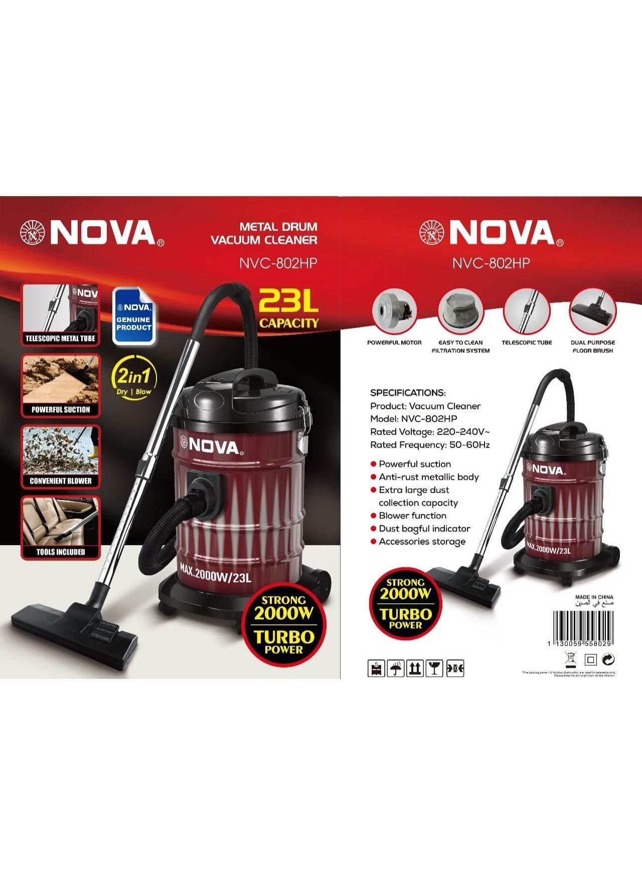 Nova NVC 802HP Metal Drum Vacuum Cleaner 23L 2000W Turbo Power Wet Dry Blower Heavy Duty Suction Cleaning Solution for Home Garage Workshop and Car Detailing with Durable Design Performance
