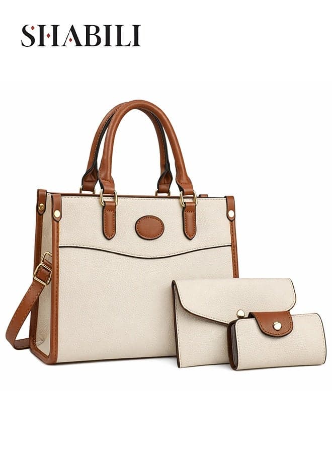 Women PU Shoulder Bag Crossbody Bag Tote Sling, Ladies Satchel Large-Capacity Multi-Pocket 3-Piece Bag Set with Contrast Trim Adjustable Strap for Teenager Youth Daily Casual Party Travel (Beige)
