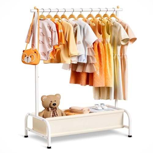 MISSLO Kids Clothing Rack with Basket Small Dress Up Storage Short Toddler Dress Up Rack Kids Closet for Baby Clothes, White